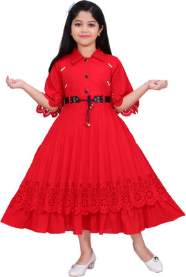 Mdmongaldresses Girls Maxi/Full Length Party Dress(Red, 3/4 Sleeve)