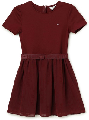 TOMMY HILFIGER Girls Midi/Knee Length Casual Dress(Maroon, Half Sleeve)