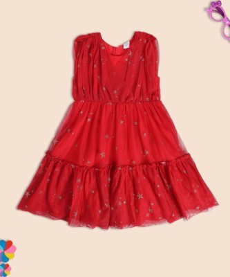 MINI KLUB Girls Midi/Knee Length Casual Dress(Red, Sleeveless)