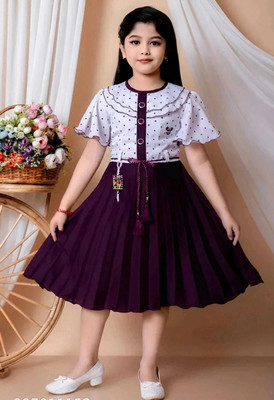 ARUNA CREATIONn Girls Below Knee Festive/Wedding Dress(White, Purple, Fashion Sleeve)