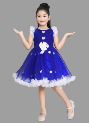 JIYAN FASHION WORLD Girls Midi/Knee Length Party Dress(Blue, Short Sleeve)