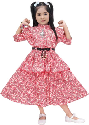 Shiidal Indi Girls Calf Length Casual Dress(Red, 3/4 Sleeve)