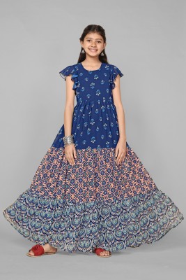 Fashion Dream Girls Maxi/Full Length Festive/Wedding Dress(Dark Blue, Short Sleeve)