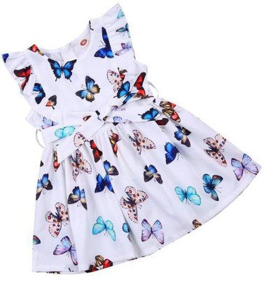 AKD FASHION Indi Girls Midi/Knee Length Festive/Wedding Dress(White, Short Sleeve)