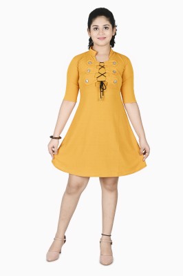 Oxipital Club Girls Midi/Knee Length Casual Dress(Yellow, Half Sleeve)