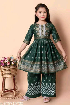KISMAT COLLECTION Girls Calf Length Party Dress(Dark Green, 3/4 Sleeve)