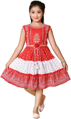 HouseOfCommon Girls Midi/Knee Length Casual Dress(Red, Sleeveless)