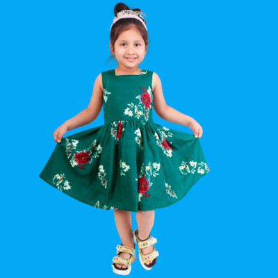 HouseOfCommon Girls Below Knee Casual Dress(Dark Green, Sleeveless)