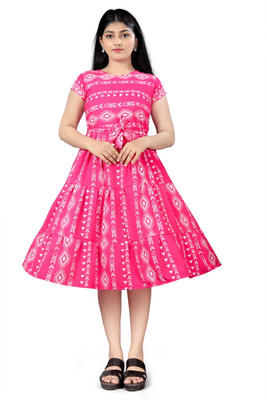 Njushxa Indi Girls Midi/Knee Length Festive/Wedding Dress(Pink, Short Sleeve)