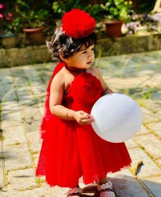 RUDRAKSHFASHION Indi Girls Midi/Knee Length Party Dress(Red, Sleeveless)