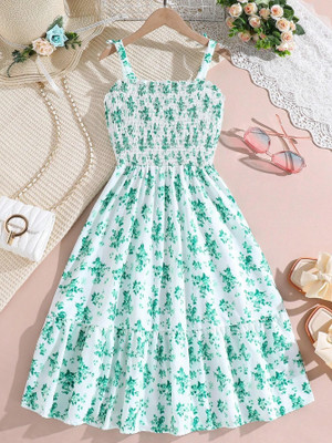 denizli fashion Indi Girls Midi/Knee Length Casual Dress(Green, Sleeveless)