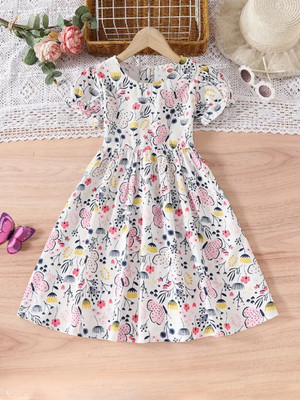 Miss & Chief Girls Midi/Knee Length Casual Dress(White, Short Sleeve)