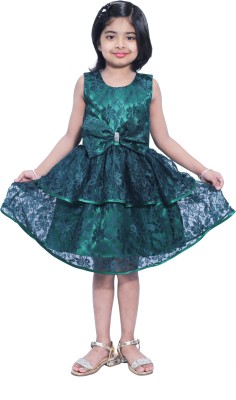 Wow princess Girls Midi/Knee Length Party Dress(Dark Green, Sleeveless)