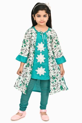 Chandrika Indi Girls Below Knee Casual Dress(Green, 3/4 Sleeve)