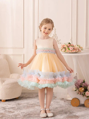 Gen Alfa Girls Midi/Knee Length Party Dress(Yellow, Sleeveless)