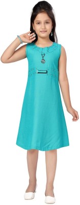 MUHURATAM Indi Girls Midi/Knee Length Casual Dress(Blue, Sleeveless)