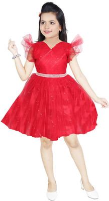 KJD Indi Girls Mini/Short Festive/Wedding Dress(Red, Sleeveless)