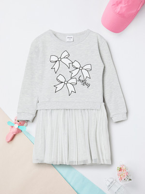 MAX Girls Below Knee Casual Dress(Grey, Half Sleeve)