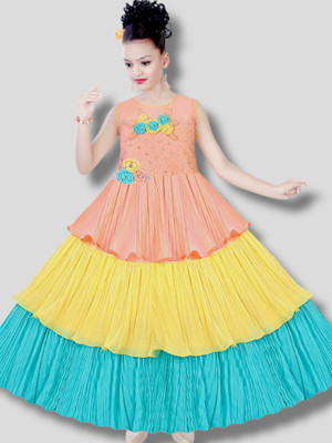 VIVEKGARMENT Girls Maxi/Full Length Festive/Wedding Dress(Yellow, Sleeveless)