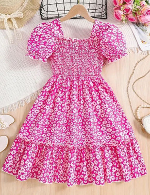 Baby priyu enterprise Girls Calf Length Casual Dress(Pink, Cap Sleeve)