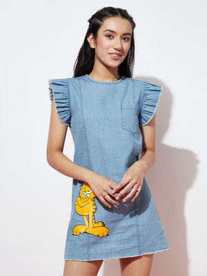 Spunkies Indi Girls Above Knee Casual Dress(Blue, Sleeveless)