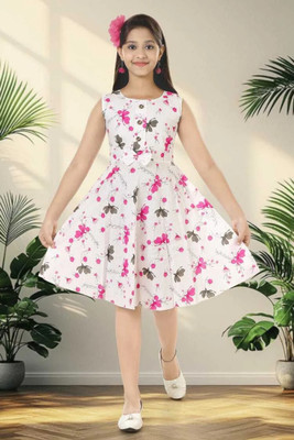 UniquePuja Girls Midi/Knee Length Casual Dress(Pink, White, Sleeveless)