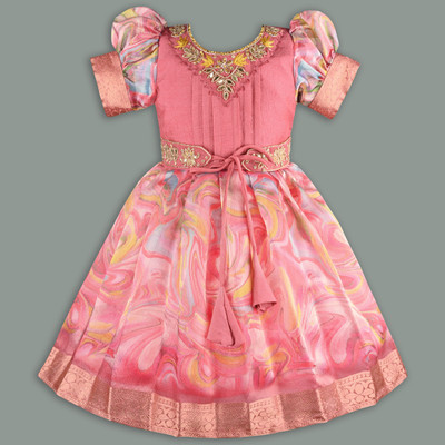 Wishkaro Girls Midi/Knee Length Festive/Wedding Dress(Pink, Short Sleeve)