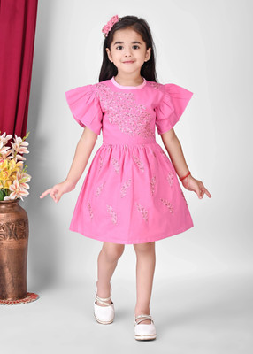 sussree Indi Girls Midi/Knee Length Party Dress(Pink, Short Sleeve)