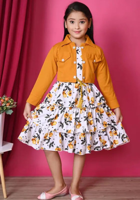 FAKAKFASHION Girls Above Knee Festive/Wedding Dress(Yellow, Full Sleeve)