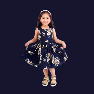 Rcube Girls Midi/Knee Length Casual Dress(Blue, Sleeveless)