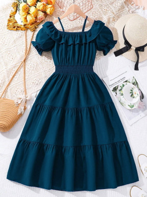 Ethit Indi Girls Midi/Knee Length Casual Dress(Blue, Short Sleeve)