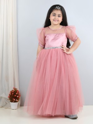 Toy Balloon Kids Girls Maxi/Full Length Party Dress(Pink, Half Sleeve)