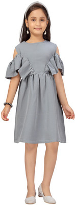 Yk Girls Midi/Knee Length Party Dress(Grey, Short Sleeve)