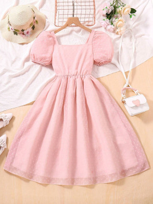 PATALAM Girls Midi/Knee Length Party Dress(Pink, Short Sleeve)