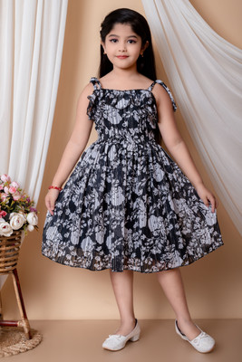SPAMitude Indi Girls Midi/Knee Length Party Dress(Black, Sleeveless)