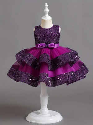 MANSI FASHION Girls Midi/Knee Length Party Dress(Purple, Sleeveless)