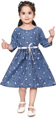 MILICREATION Indi Girls Midi/Knee Length Casual Dress(Blue, 3/4 Sleeve)