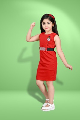 BARKAT DESIGNING PLANET Girls Midi/Knee Length Casual Dress(Red, Sleeveless)