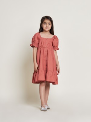 the tribe kids Indi Girls Midi/Knee Length Casual Dress(Brown, Short Sleeve)