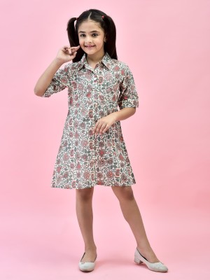 Juniper Girls Midi/Knee Length Casual Dress(Beige, Roll-up Sleeve)