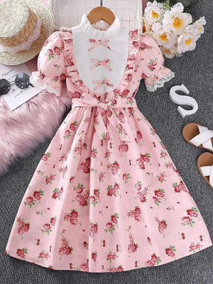 AROPYA Baby Girls Midi/Knee Length Party Dress(Pink, Short Sleeve)