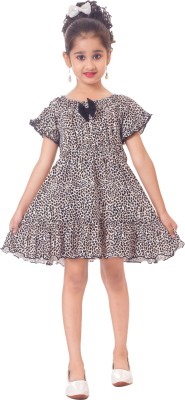 Mimino Indi Girls Midi/Knee Length Casual Dress(Brown, Half Sleeve)