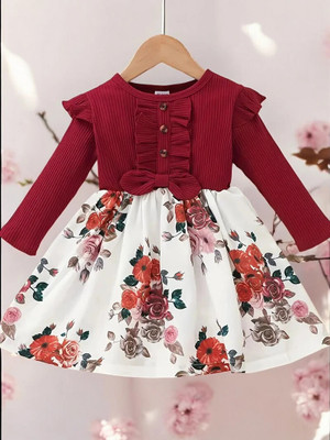 Vijaya Girls Maxi/Full Length Casual Dress(Red, White, Full Sleeve)