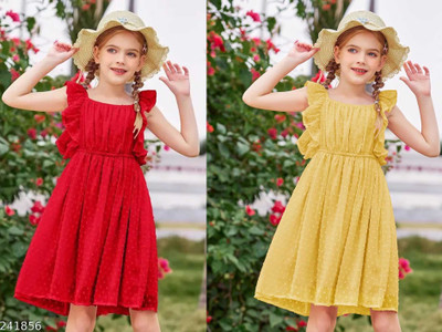 Rcube Girls Midi/Knee Length Festive/Wedding Dress(Red, Yellow, Fashion Sleeve)