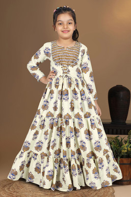 Sangria Girls Maxi/Full Length Festive/Wedding Dress(Beige, Full Sleeve)