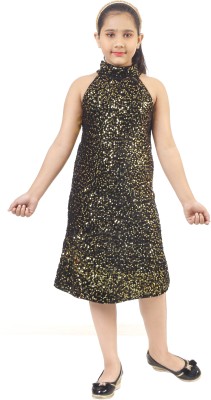 DEBDESHIK Girls Below Knee Casual Dress(Gold, Sleeveless)