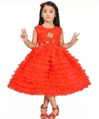 HIGHSTREET FASHION Indi Baby Girls Calf Length Festive/Wedding Dress(Orange, Sleeveless)