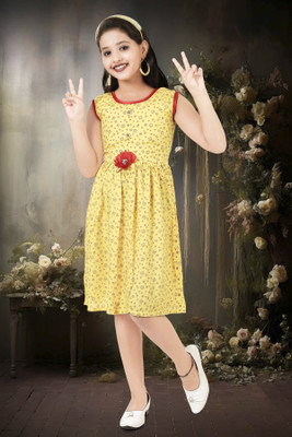 Rita Girls Midi/Knee Length Casual Dress(Yellow, Sleeveless)