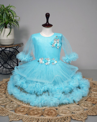 RKTM Baby Girls Below Knee Festive/Wedding Dress(Light Blue, 3/4 Sleeve)