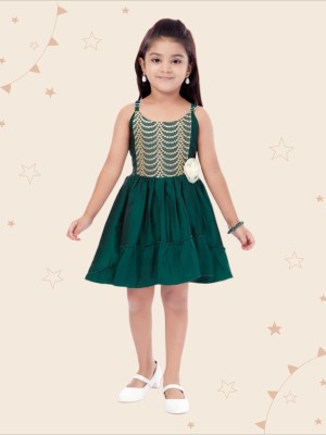 Kidotsav Indi Girls Midi/Knee Length Party Dress(Green, Sleeveless)